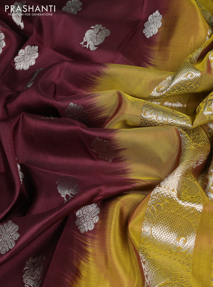 Venkatagiri silk saree coffee brown and mustard green with silver zari woven buttas and elephant silver zari woven border