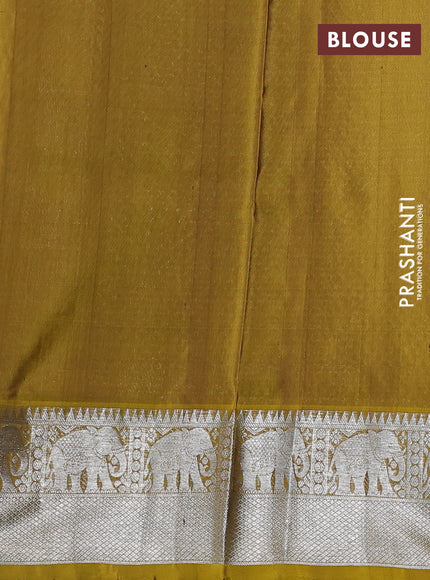Venkatagiri silk saree coffee brown and mustard green with silver zari woven buttas and elephant silver zari woven border
