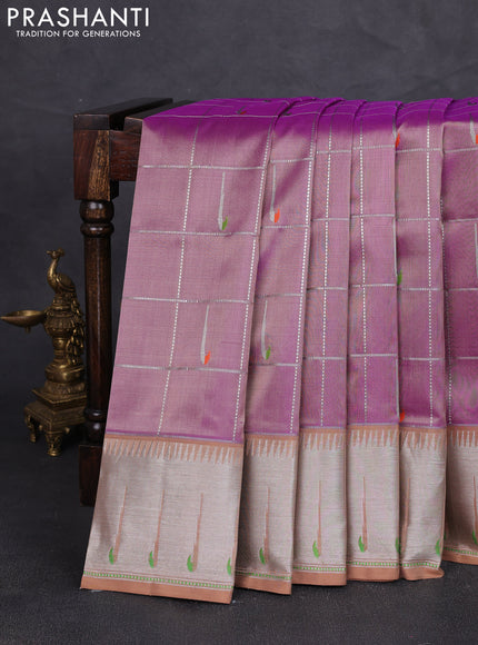 Venkatagiri silk saree lavender and sandal with allover silver zari checks & muniya buttas and silver zari woven muniya style border
