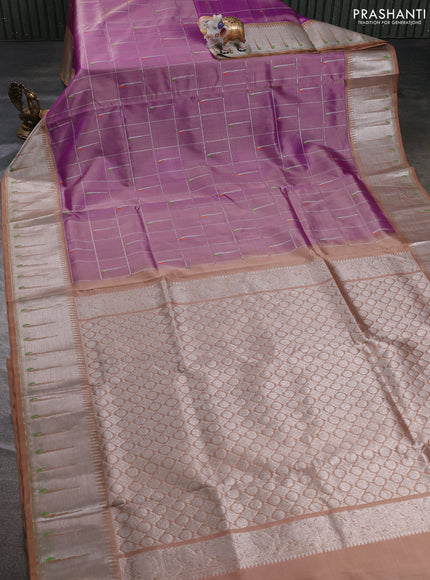 Venkatagiri silk saree lavender and sandal with allover silver zari checks & muniya buttas and silver zari woven muniya style border
