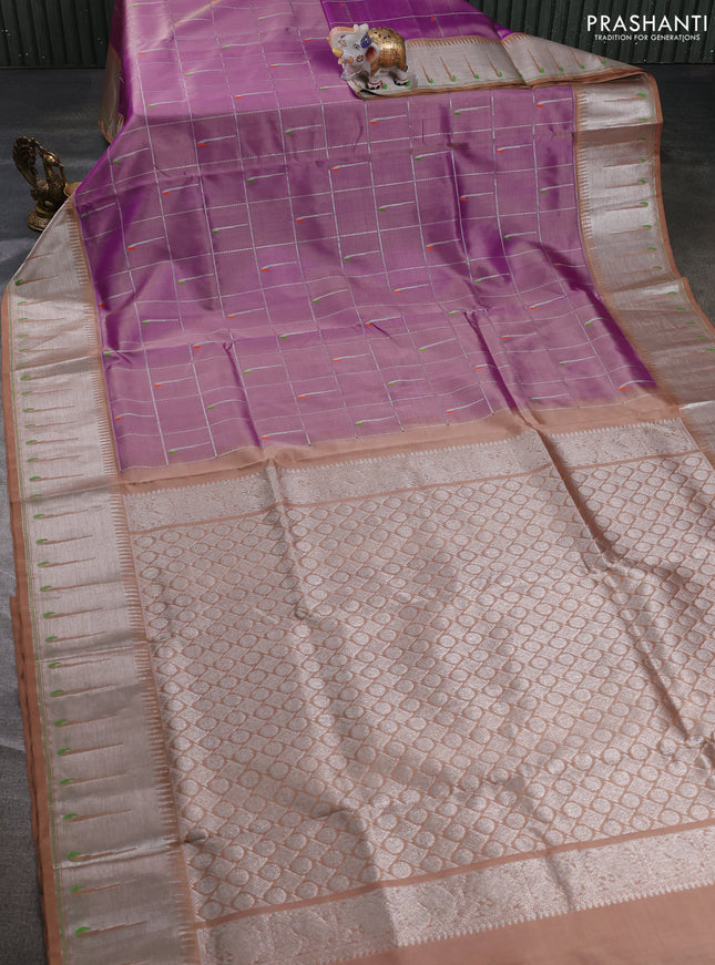 Venkatagiri silk saree lavender and sandal with allover silver zari checks & muniya buttas and silver zari woven muniya style border