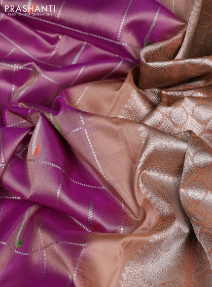 Venkatagiri silk saree lavender and sandal with allover silver zari checks & muniya buttas and silver zari woven muniya style border