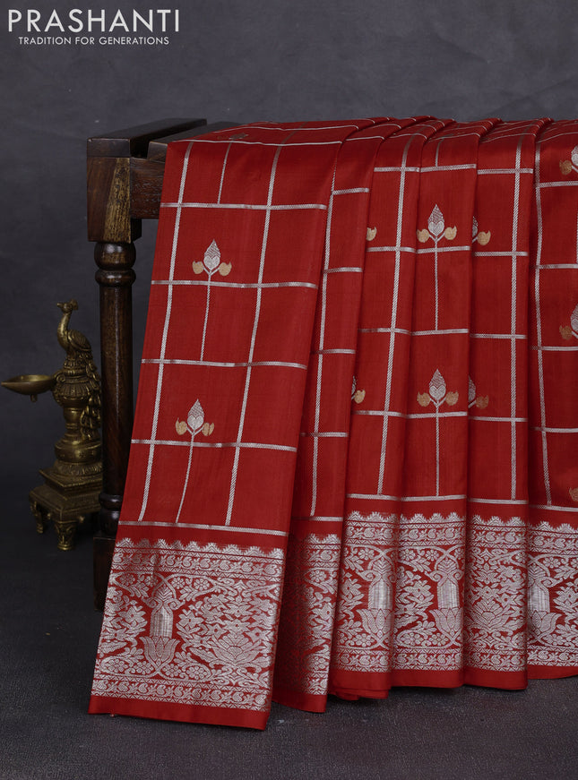 Venkatagiri silk saree red with allover silver zari checks & buttas and silver zari woven border
