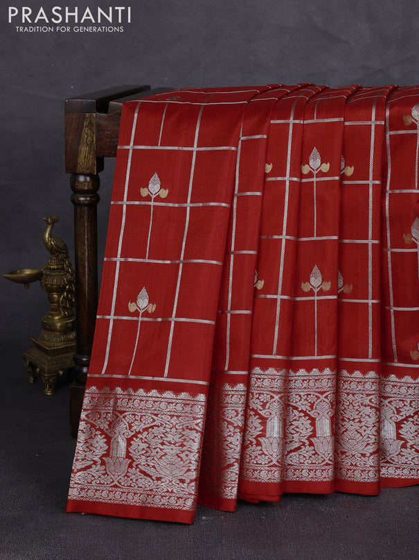 Venkatagiri silk saree red with allover silver zari checks & buttas and silver zari woven border
