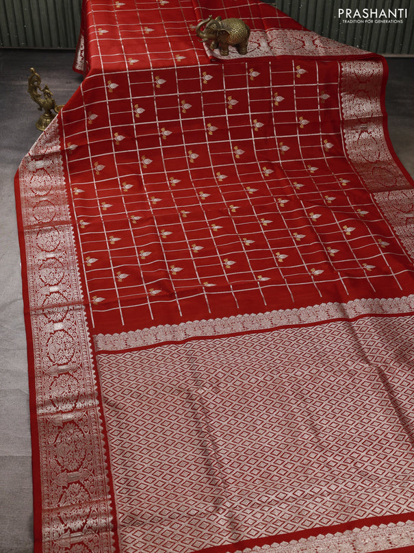 Venkatagiri silk saree red with allover silver zari checks & buttas and silver zari woven border