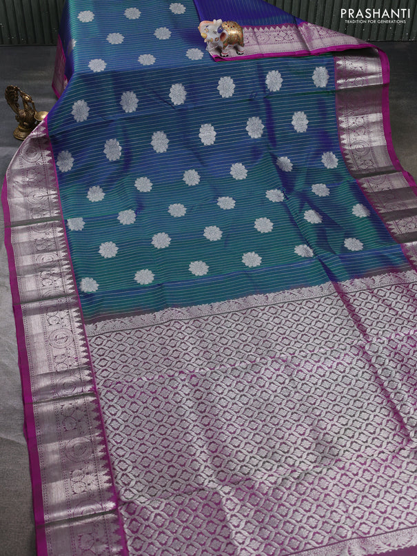 Venkatagiri silk saree dual shade of bluish green and magenta pink with allover silver zari weaves & buttas and silver zari woven border