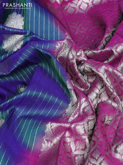 Venkatagiri silk saree dual shade of bluish green and magenta pink with allover silver zari weaves & buttas and silver zari woven border