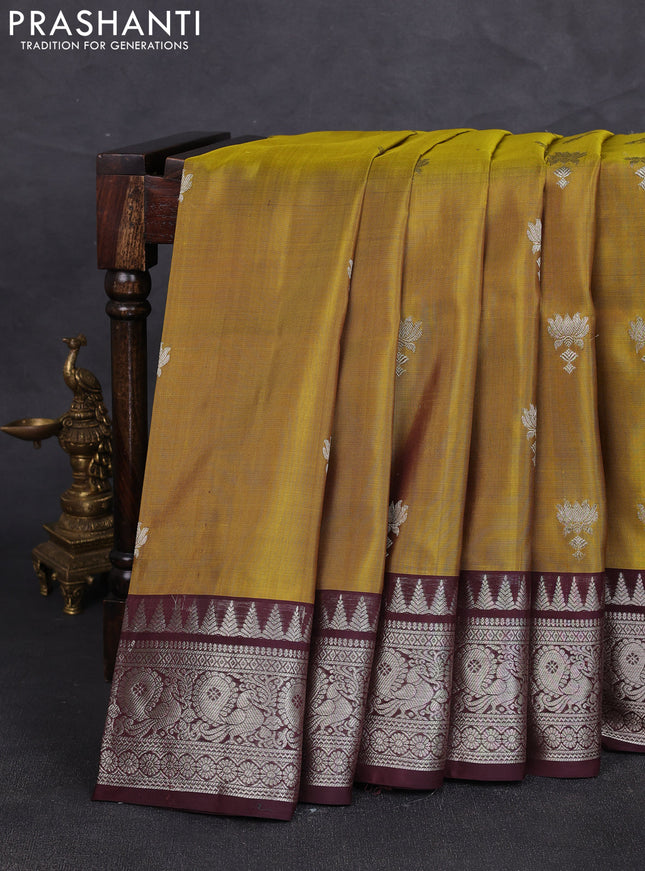 Venkatagiri silk saree dark mustard and coffee brown with silver zari woven buttas and annam silver zari woven border