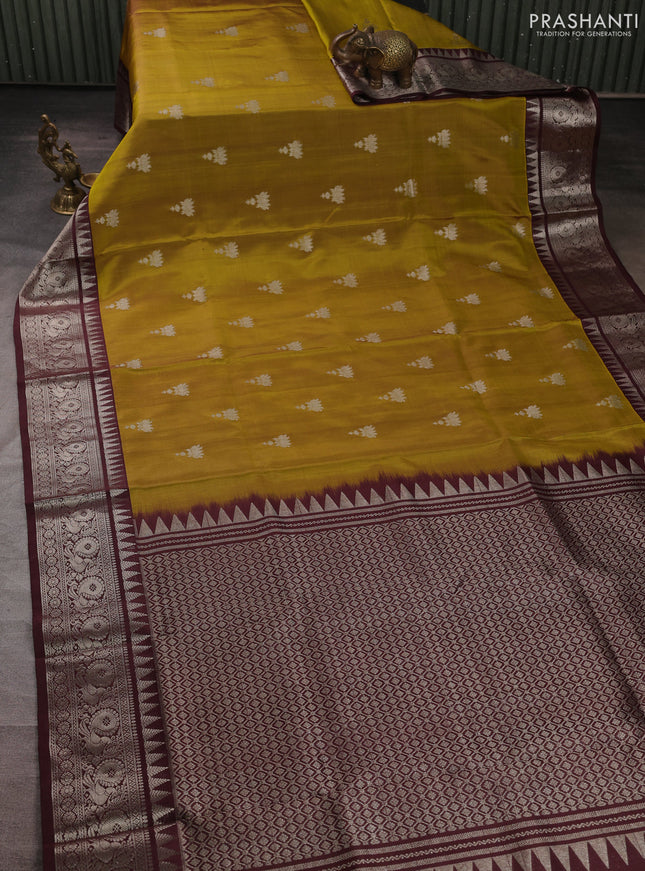 Venkatagiri silk saree dark mustard and coffee brown with silver zari woven buttas and annam silver zari woven border