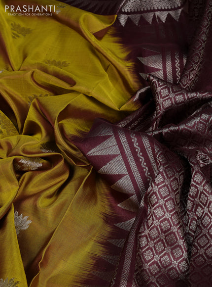 Venkatagiri silk saree dark mustard and coffee brown with silver zari woven buttas and annam silver zari woven border