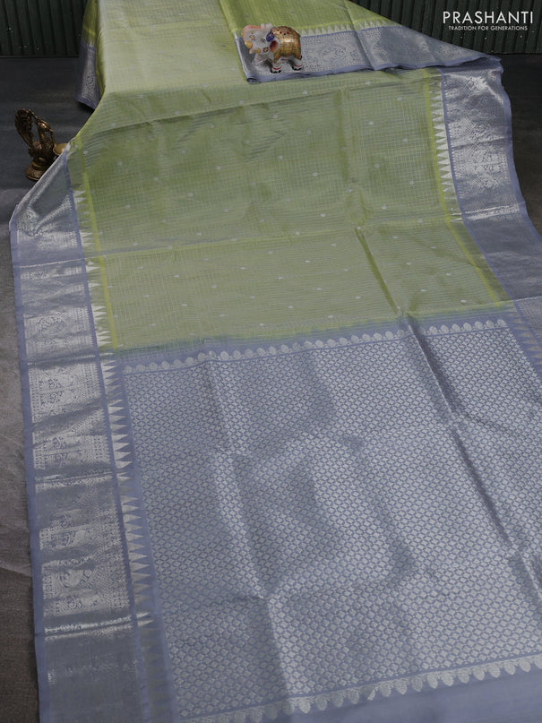 Venkatagiri silk saree pista green and grey with allover silver zari checks & buttas and temple silver zari woven border