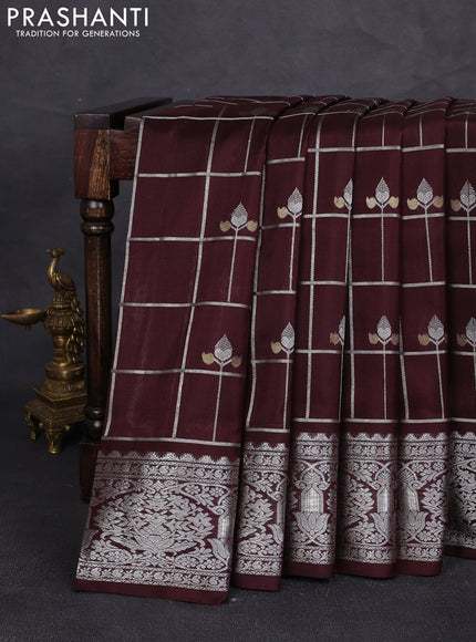 Venkatagiri silk saree coffee brown with allover silver zari checks & buttas and silver zari woven border