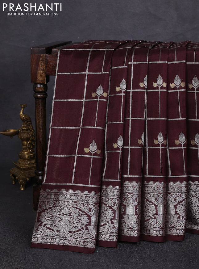 Venkatagiri silk saree coffee brown with allover silver zari checks & buttas and silver zari woven border