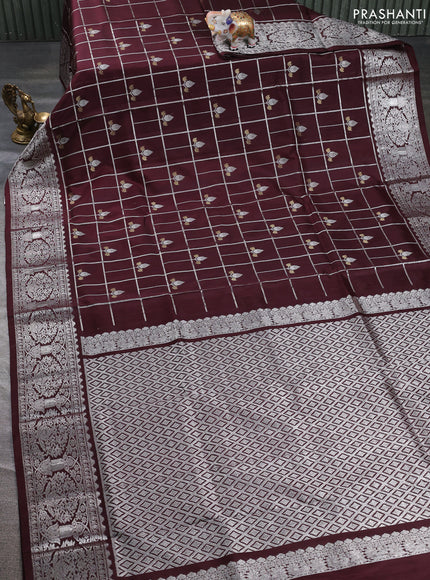 Venkatagiri silk saree coffee brown with allover silver zari checks & buttas and silver zari woven border