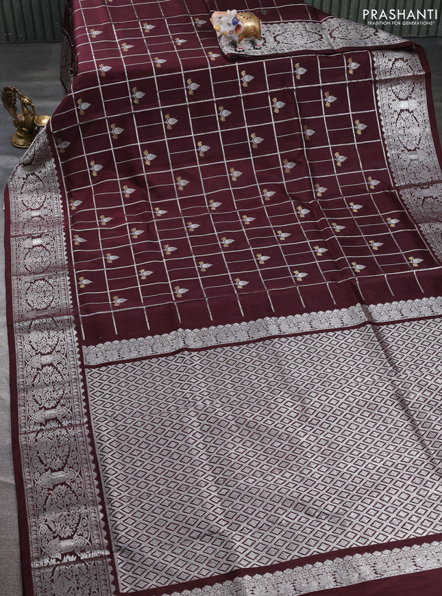 Venkatagiri silk saree coffee brown with allover silver zari checks & buttas and silver zari woven border