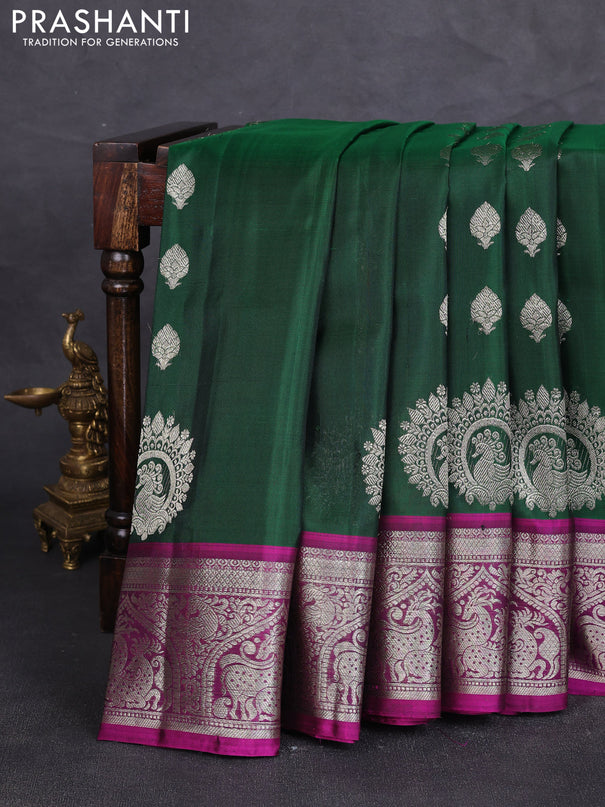 Venkatagiri silk saree bottle green and magenta pink with allover silver zari woven buttas and silver zari woven border
