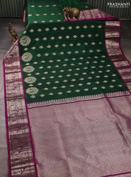 Venkatagiri silk saree bottle green and magenta pink with allover silver zari woven buttas and silver zari woven border