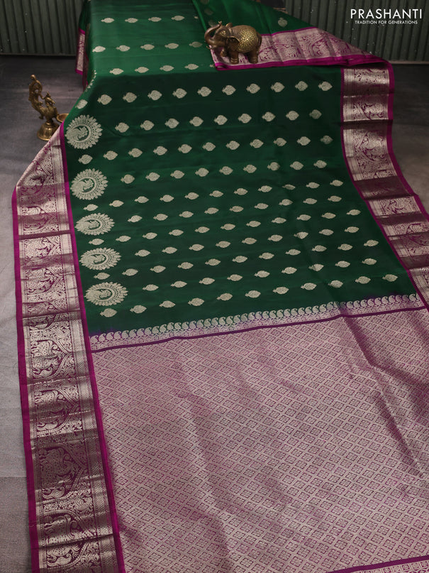 Venkatagiri silk saree bottle green and magenta pink with allover silver zari woven buttas and silver zari woven border
