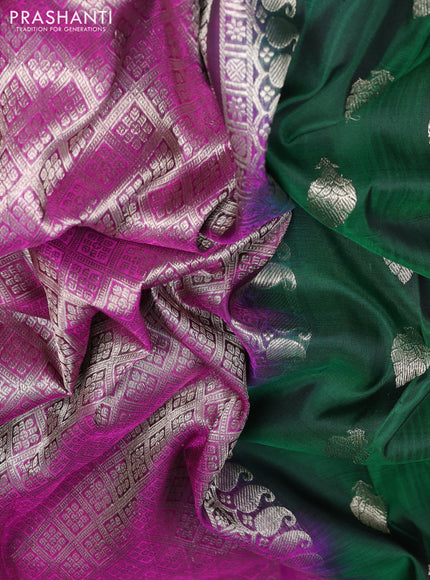 Venkatagiri silk saree bottle green and magenta pink with allover silver zari woven buttas and silver zari woven border
