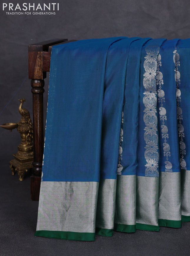 Venkatagiri silk saree cs blue and green with allover silver zari woven buttas and silver zari woven border