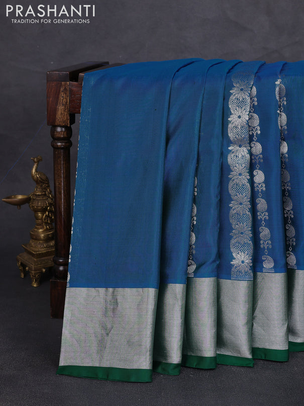 Venkatagiri silk saree cs blue and green with allover silver zari woven buttas and silver zari woven border