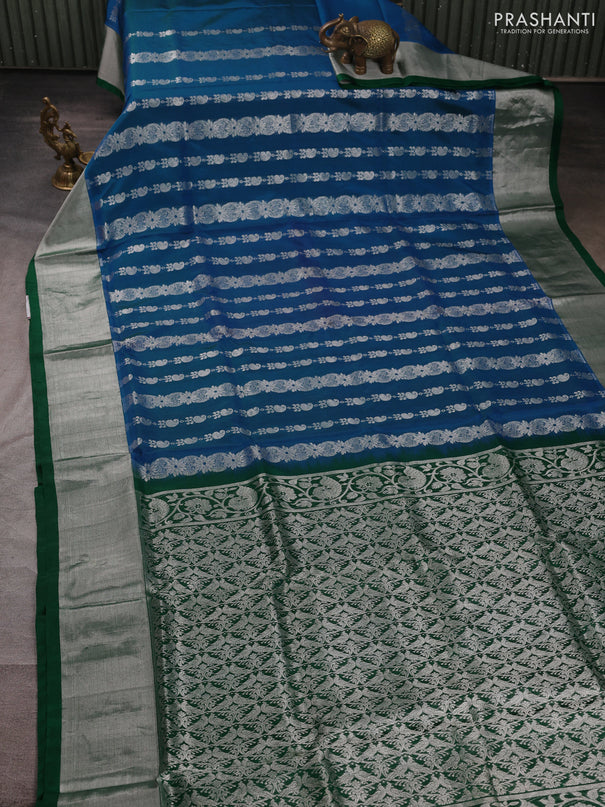 Venkatagiri silk saree cs blue and green with allover silver zari woven buttas and silver zari woven border