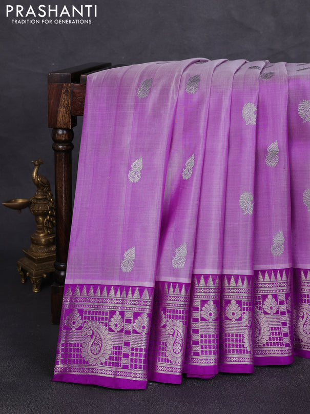 Venkatagiri silk saree pastel purple and purple with allover silver zari woven buttas and silver zari woven border