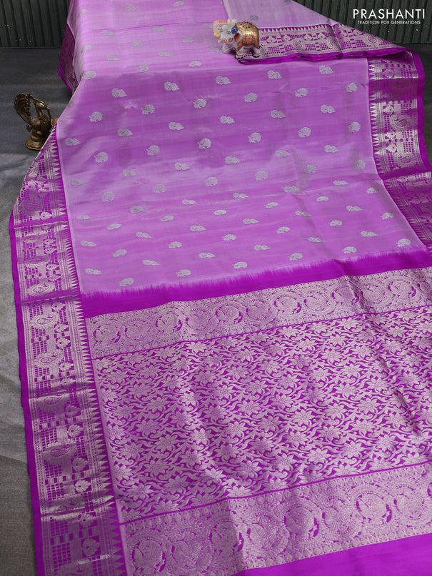 Venkatagiri silk saree pastel purple and purple with allover silver zari woven buttas and silver zari woven border