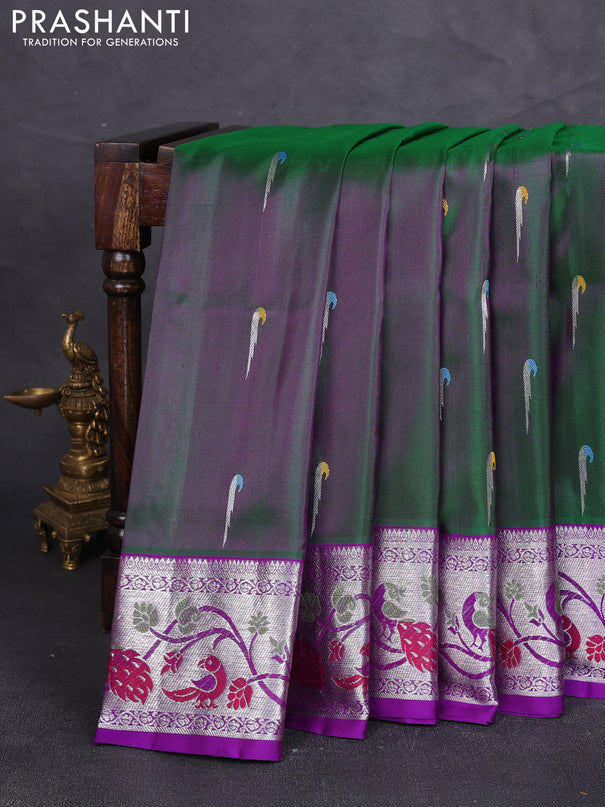 Venkatagiri silk saree green and purple with allover silver muniya buttas and thread & silver zari woven border