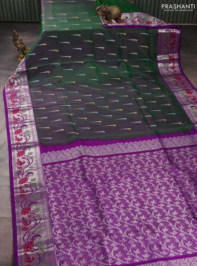 Venkatagiri silk saree green and purple with allover silver muniya buttas and thread & silver zari woven border