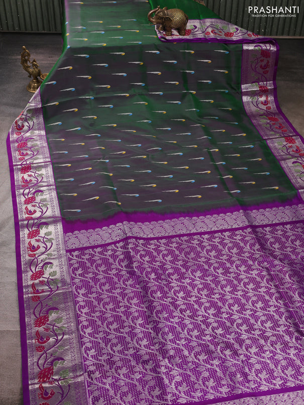 Venkatagiri silk saree green and purple with allover silver muniya buttas and thread & silver zari woven border