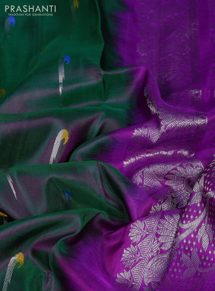 Venkatagiri silk saree green and purple with allover silver muniya buttas and thread & silver zari woven border