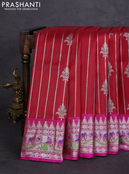 Venkatagiri silk saree red and pink with allover silver zari stripe & buttas and thread & silver zari woven border