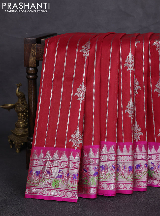 Venkatagiri silk saree red and pink with allover silver zari stripe & buttas and thread & silver zari woven border
