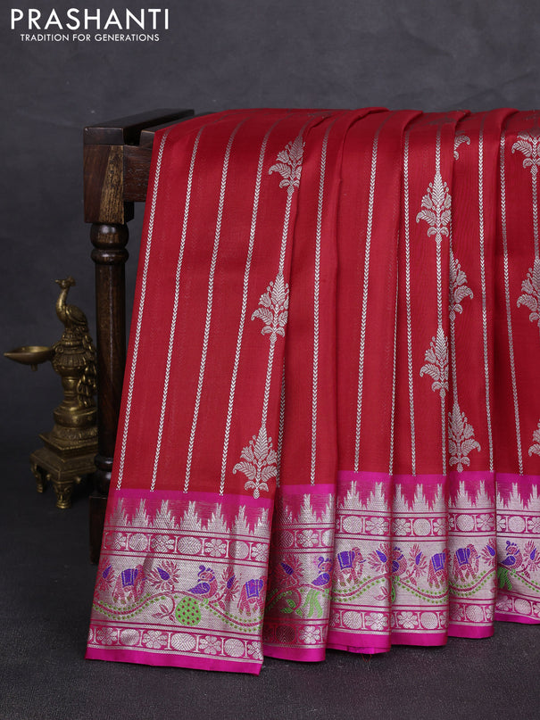 Venkatagiri silk saree red and pink with allover silver zari stripe & buttas and thread & silver zari woven border