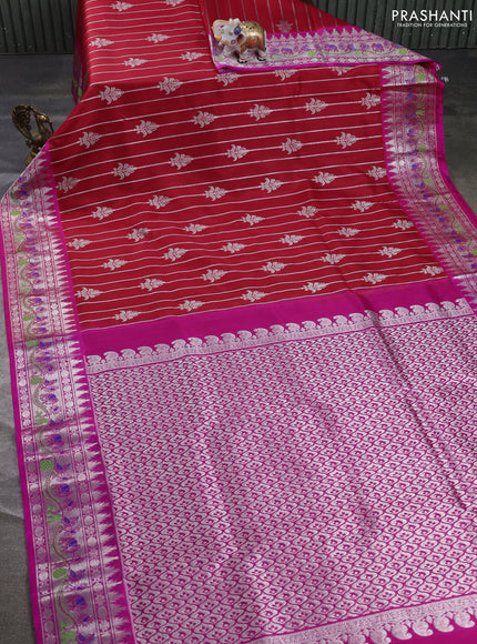 Venkatagiri silk saree red and pink with allover silver zari stripe & buttas and thread & silver zari woven border