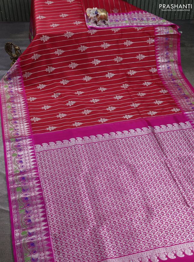 Venkatagiri silk saree red and pink with allover silver zari stripe & buttas and thread & silver zari woven border