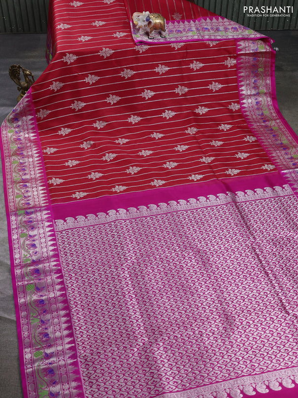 Venkatagiri silk saree red and pink with allover silver zari stripe & buttas and thread & silver zari woven border