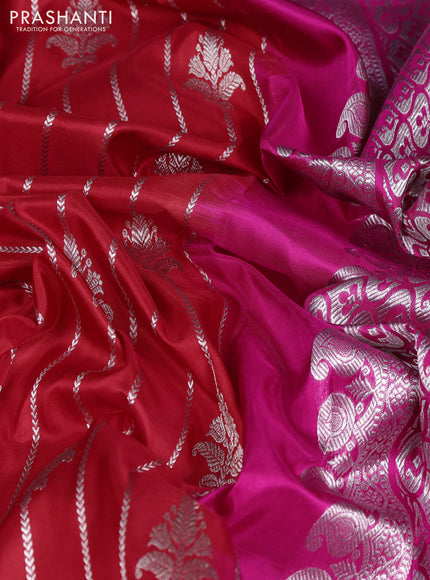Venkatagiri silk saree red and pink with allover silver zari stripe & buttas and thread & silver zari woven border