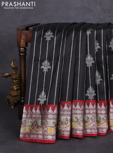 Venkatagiri silk saree black and maroon with allover silver zari stripe & buttas and thread & silver zari woven border