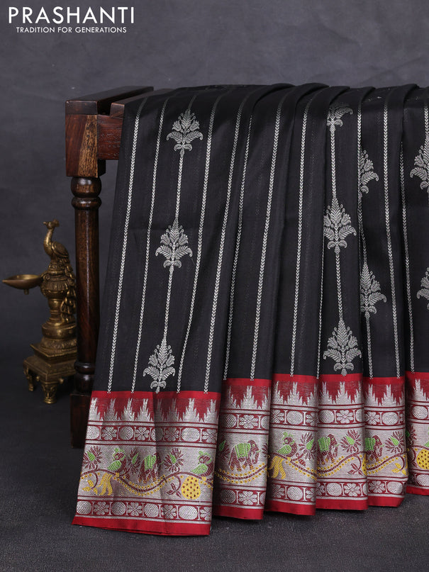 Venkatagiri silk saree black and maroon with allover silver zari stripe & buttas and thread & silver zari woven border