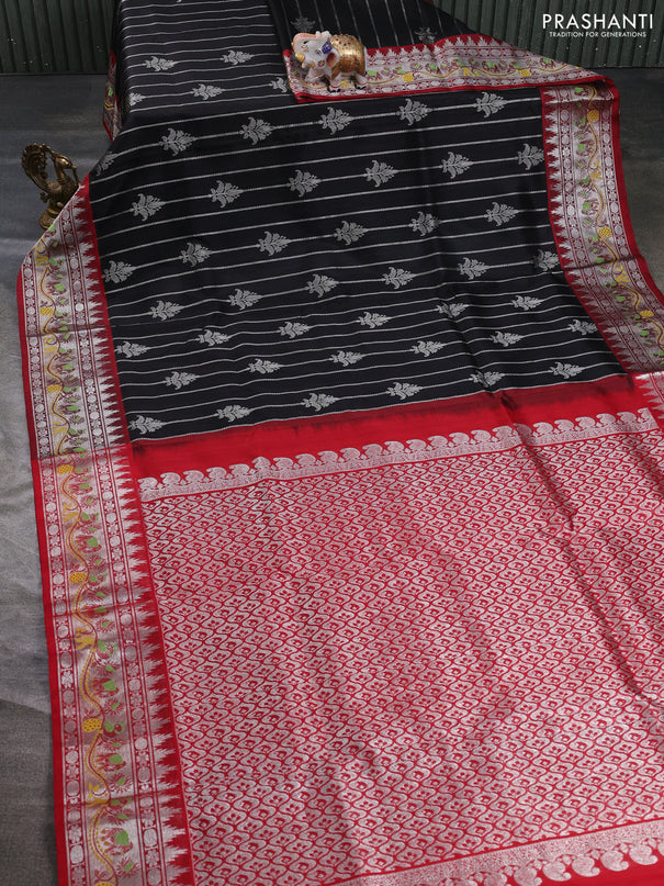 Venkatagiri silk saree black and maroon with allover silver zari stripe & buttas and thread & silver zari woven border
