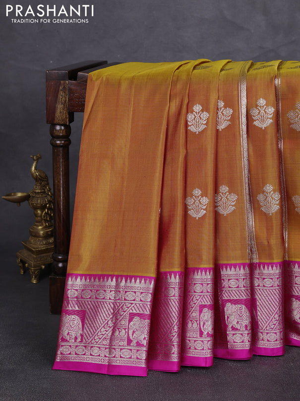 Venkatagiri silk saree mustard yellow and pink with allover silver zari stripe pattern and silver zari woven border