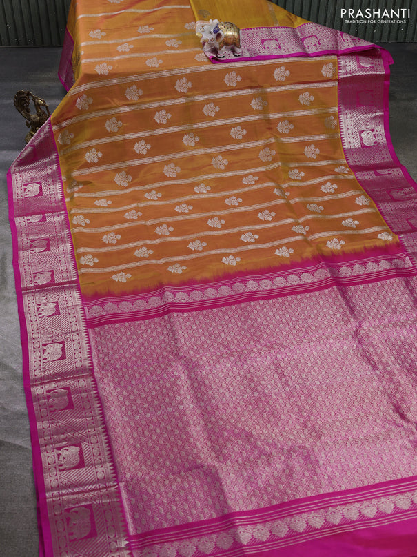 Venkatagiri silk saree mustard yellow and pink with allover silver zari stripe pattern and silver zari woven border
