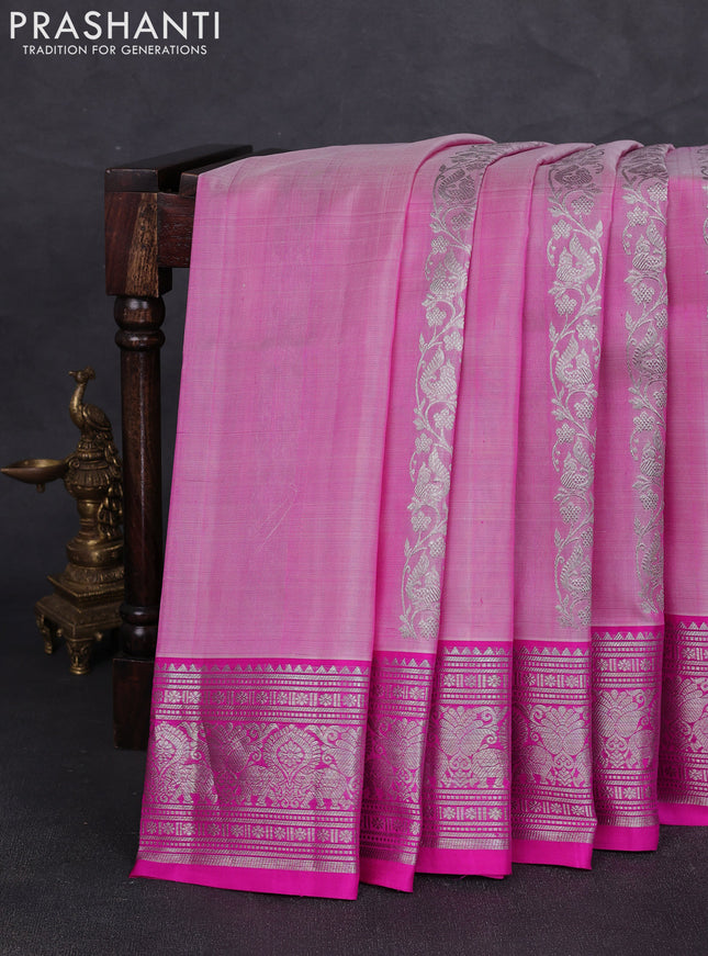 Venkatagiri silk saree light green and pink with allover silver zari stripe pattern and silver zari woven border