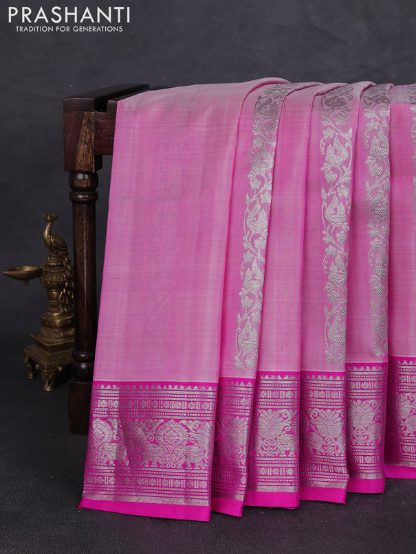 Venkatagiri silk saree light pink and pink with allover silver zari stripe pattern and silver zari woven border