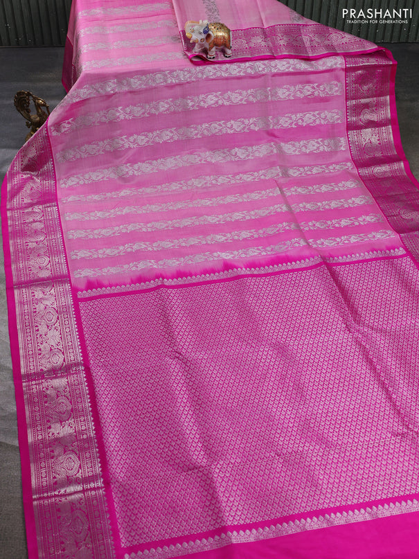 Venkatagiri silk saree light pink and pink with allover silver zari stripe pattern and silver zari woven border