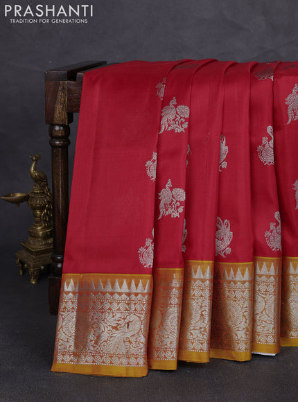Venkatagiri silk saree red and mustard yellow with allover silver zari woven buttas and silver zari woven border