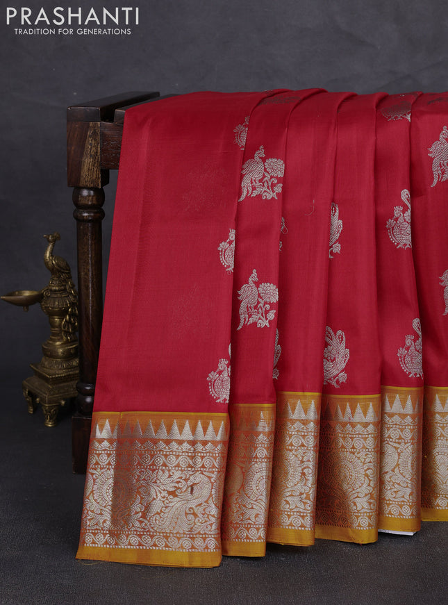 Venkatagiri silk saree red and mustard yellow with allover silver zari woven buttas and silver zari woven border