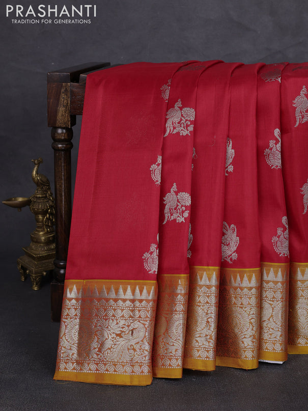 Venkatagiri silk saree red and mustard yellow with allover silver zari woven buttas and silver zari woven border